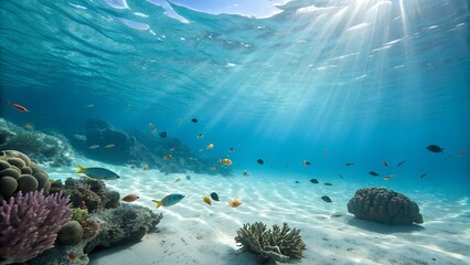 A vibrant underwater scene captures a thriving coral reef ecosystem, illuminated by bright sunbeams piercing through the clear turquoise water. Schools of small, silvery fish swim in unison amidst div