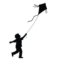 Obraz premium Silhouette of a young boy running and flying a kite with streamers against a white background in a simple style