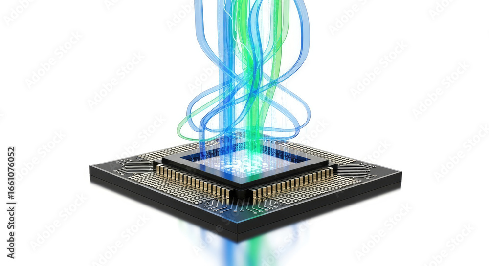 Poster close up of a microchip with blue and green streams emanating from the center on white