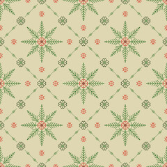 A Pixelated Christmas Seamless Pattern, Resembling a Cross-Stitch Design with Stylized Snowflakes and Small Floral Motifs. Christmas Theme Repeating Pattern with Red and Green Snowflakes and Flowers.