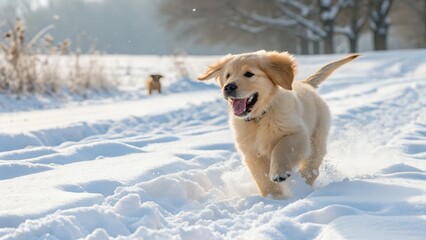 A close-up shot captures the pure exhilaration of a golden retriever puppy running directly towards the camera through deep, powdery snow. The puppy's ears are flying back, and its mouth is open in a 