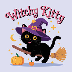 Witchy kitty black cat with broom moon and pumpkin, playful Halloween scene, child friendly sticker, shirt print vector