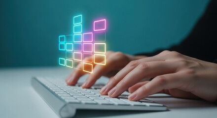 Close up of hands typing on a keyboard with glowing neon digital blocks representing data and technology rising above