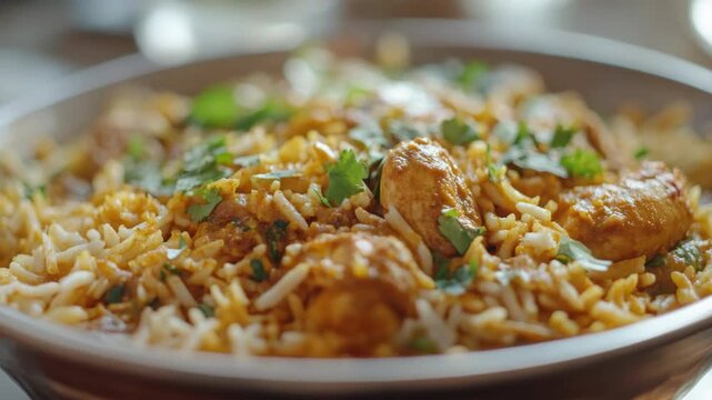 A rich and flavorful Indian biryani with tandoori chicken, served over a bed of basmati rice. Garnished with fresh herbs and topped with a traditional papadum.