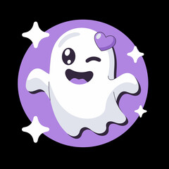 Cute ghost portrait vector, happy spirit inside dark circle badge, Halloween mascot, cartoon emoji icon, sticker for kids, social avatar, fun design