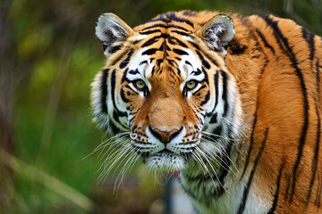Fototapeta premium beautiful bengal tiger with lush green habitat background