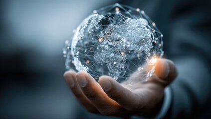 Hand holds a digital globe, network connections