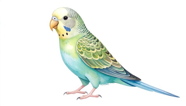 Watercolor Illustration of a Budgerigar Bird with Blue and Green Plumage.