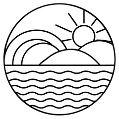 Retro Geometric Landscape with Sunset and Ocean Waves &ndash; Modern Abstract Art