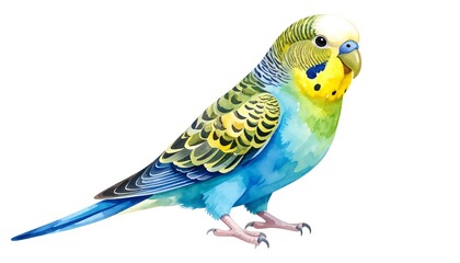 Naklejka premium Watercolor Painting of a Vibrant Blue and Yellow Budgerigar Bird.