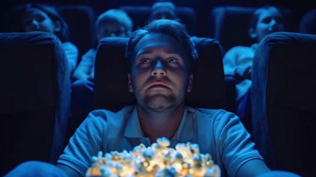 Male customer sitting in darkened movie theater, popcorn in hand.