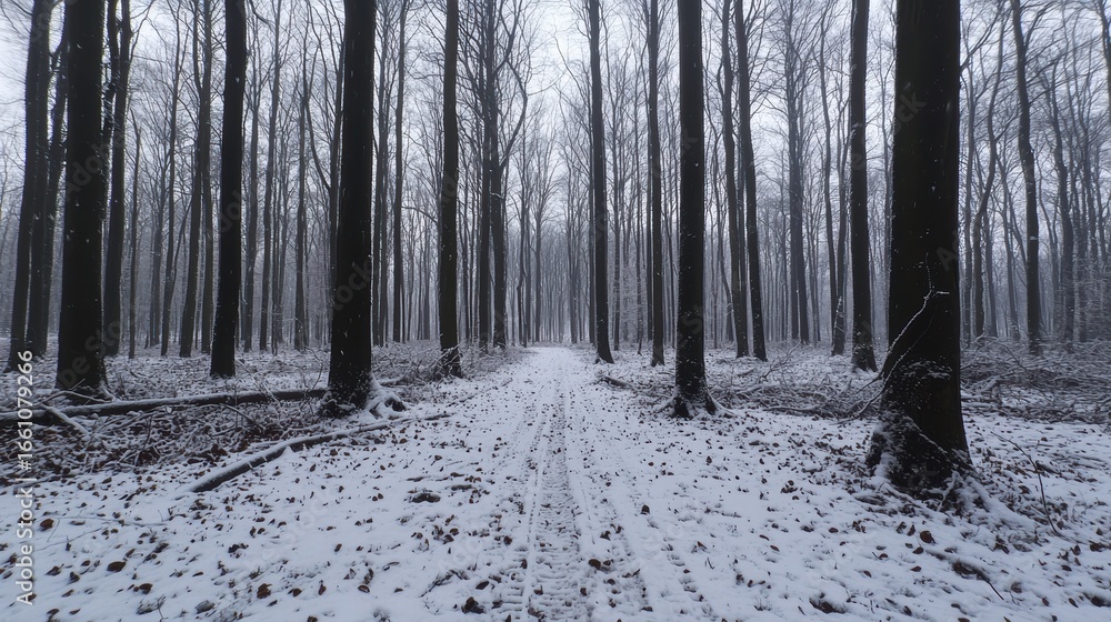 Poster a snowy forest path with bare trees.