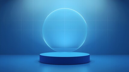 Futuristic neon podium stage with glowing blue oval portal light for product display and technology promotion