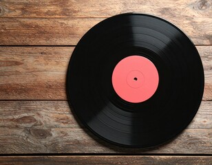 Black vinyl record on wooden background