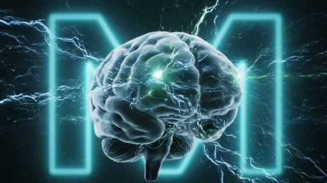 Illuminated human brain radiating with electrical energy, symbolizing deep thought, cognitive power, and the complex neural pathways of the mind in a digital age.
