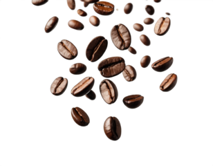 Lots of coffee beans falling from above on a transparent background