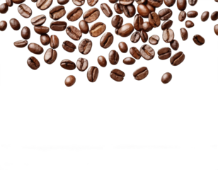 Lots of coffee beans falling from above on a transparent background