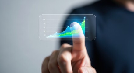 Close up of a person s finger touching a glowing futuristic holographic financial data graph displaying upward growth and progress