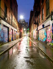 Fototapeta premium Urban alleyway at night, reflecting lights
