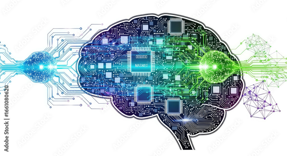 Poster digital brain with circuit board pattern and connected nodes on a white background
