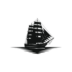 Silhouette of a majestic sailing ship with multiple sails on the water against a white background
