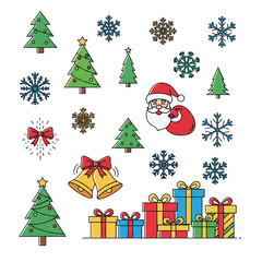 Festive christmas icons featuring santa claus trees snowflakes and gifts