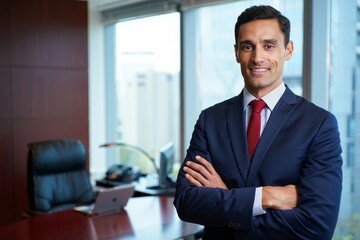 Fototapeta premium Portrait of a smiling businessman in a suit with arms crossed in a modern office space