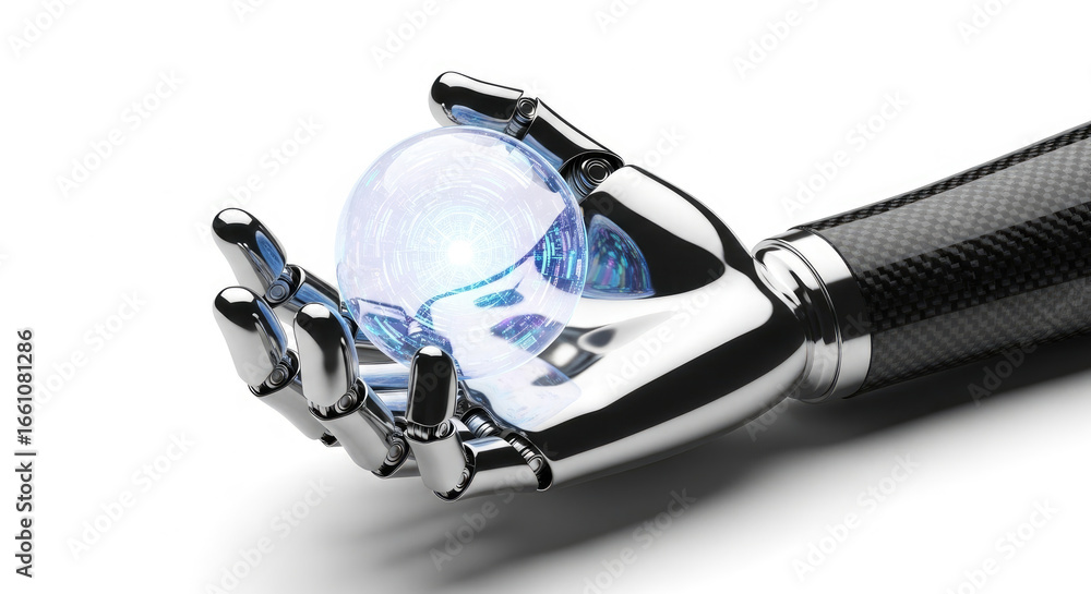Poster Robotic hand holding a glowing orb against a white background in a studio setting view