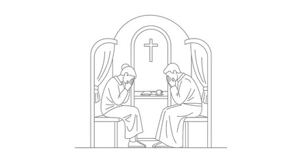 Vector Minimalist Line Art SVG Illustration of Two People Praying in a Religious Chapel Modern Flat Design with Cross and Arch Elements