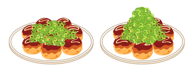 皿に盛ったネギをかけたたこ焼きのイラスト　セット