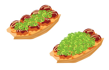 斜め上から見たネギをかけたたこ焼きのイラスト　舟皿　セット