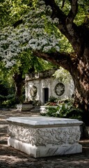 Ornate white mausoleum in a garden, shaded by trees