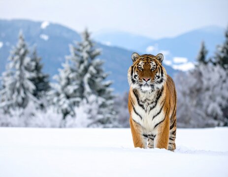 Siberian tiger standing in snow in winter scenery - Powered by Adobe