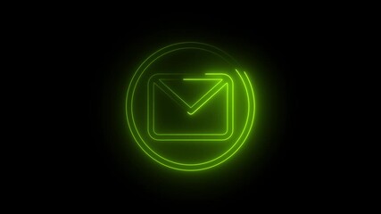 Glowing neon email or message icon animation in a circle. Neon green message icon animated on black background. 4k