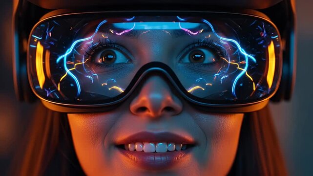 A close-up of a smiling woman wearing VR goggles with a reflection of colorful neon energy from the metaverse.