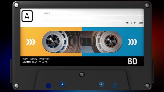 Looping footage of a black audio cassette with sticker and label - 3d illustration