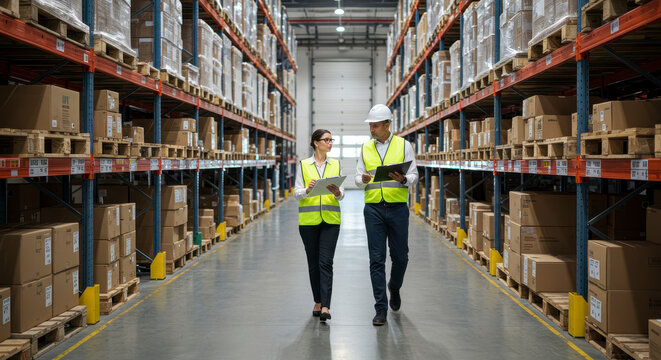 Two workers in high visibility vests discussing inventory in a large warehouse aisle - Powered by Adobe