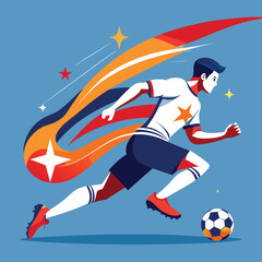 Dynamic and stylized illustration of a soccer player in action featuring bold colors and modern graphic design elements