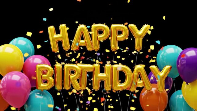 A dynamic festive image with gold foil "HAPPY BIRTHDAY" balloons, colorful floating balloons, and confetti against a black background. Ideal for celebrations.

