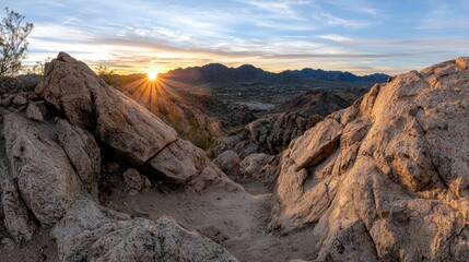Fototapeta premium A breathtaking view of a desert sunrise, with a winding dirt path leading to a majestic mountain range.