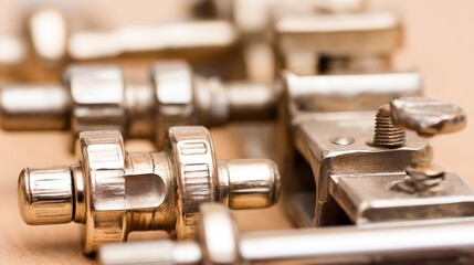 Close-up view of neatly arranged mechanical tools on a workbench, showcasing metallic textures under soft lighting.