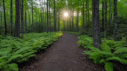 Sunlight filters through the trees, casting a warm glow on the forest floor.