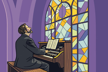Elderly man plays majestic church organ, bathed in ethereal stained glass light.