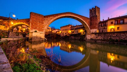 Obraz premium Ancient stone bridge over river at dusk