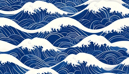 Traditional Japanese wave pattern in bold blue and white, featuring stylized ocean crests and swirling foam in horizontal rows.