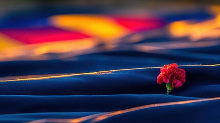 A red carnation on a blue velvet jacket, bathed in golden light, embodying the spirit of Spain National Day.