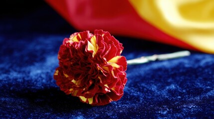 A red carnation on a blue velvet jacket, bathed in golden light, embodying the spirit of Spain National Day.