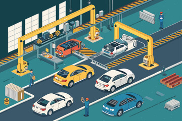 Overhead view of a massive automobile factory assembly line, showcasing robots, vehicles, workers, machinery, and vast industrial space.