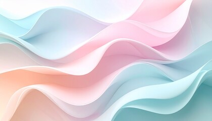 Abstract pastel wave composition in pink, peach, and blue with soft flowing curves and layered depth.
