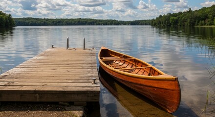 Obraz premium Wooden Canoe Moored at a Lake Dock